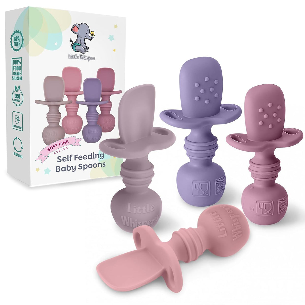 Baby Silicone Spoons - Self Feeding 6 Months - Infant, Toddler, & Kid Friendly Utensils - First Stage, Baby Led Weaning - 4 Pack Utensil Set (Soft Pinks)