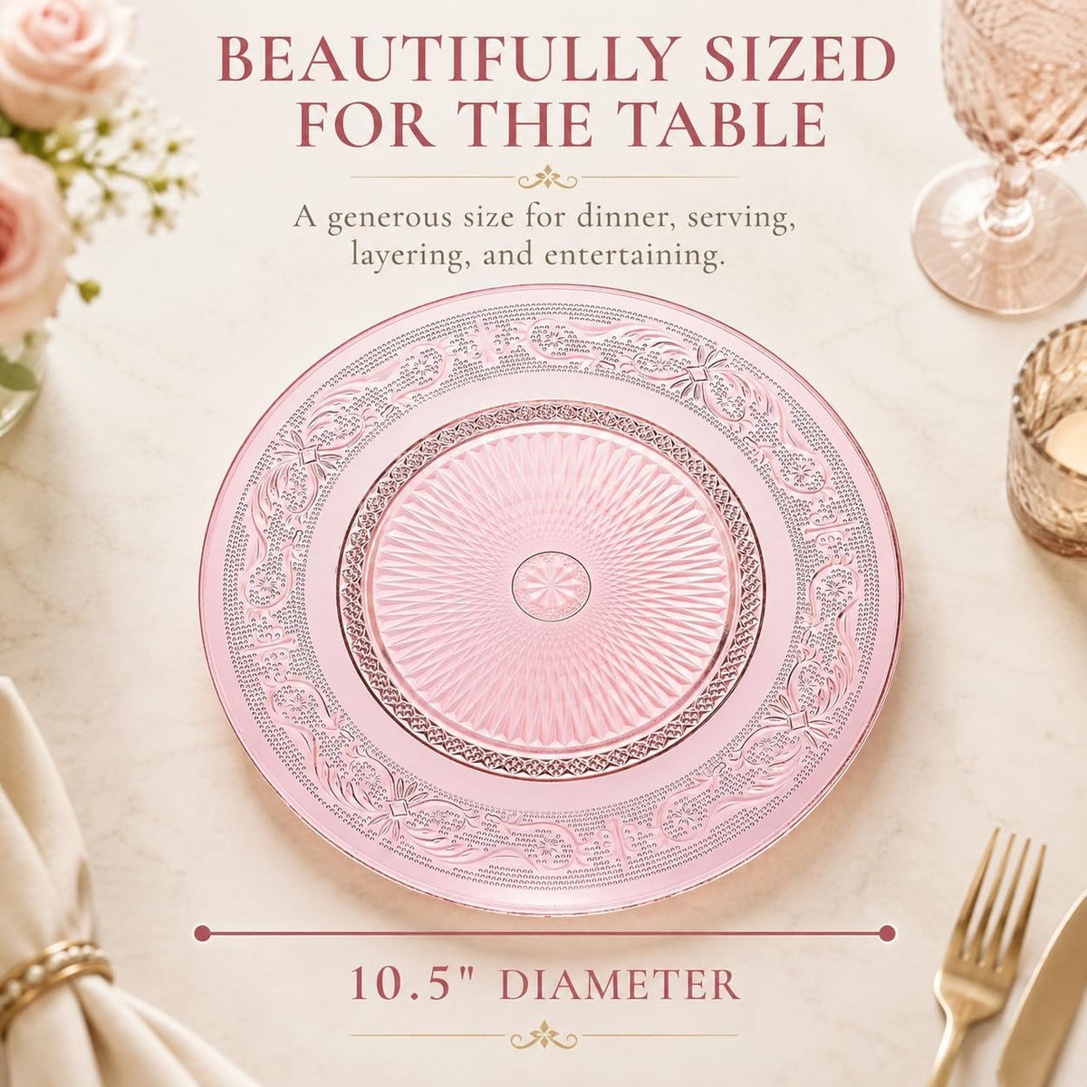 Art Deco Vintage Crystal Pink Plates | Set of 6 | Unique 10.5" Dinner or Charger Plates - Dinner, Charger, Dessert Server, Appetizer Plate, Snack, Fruit, Hand Wash, Housewarming Gift