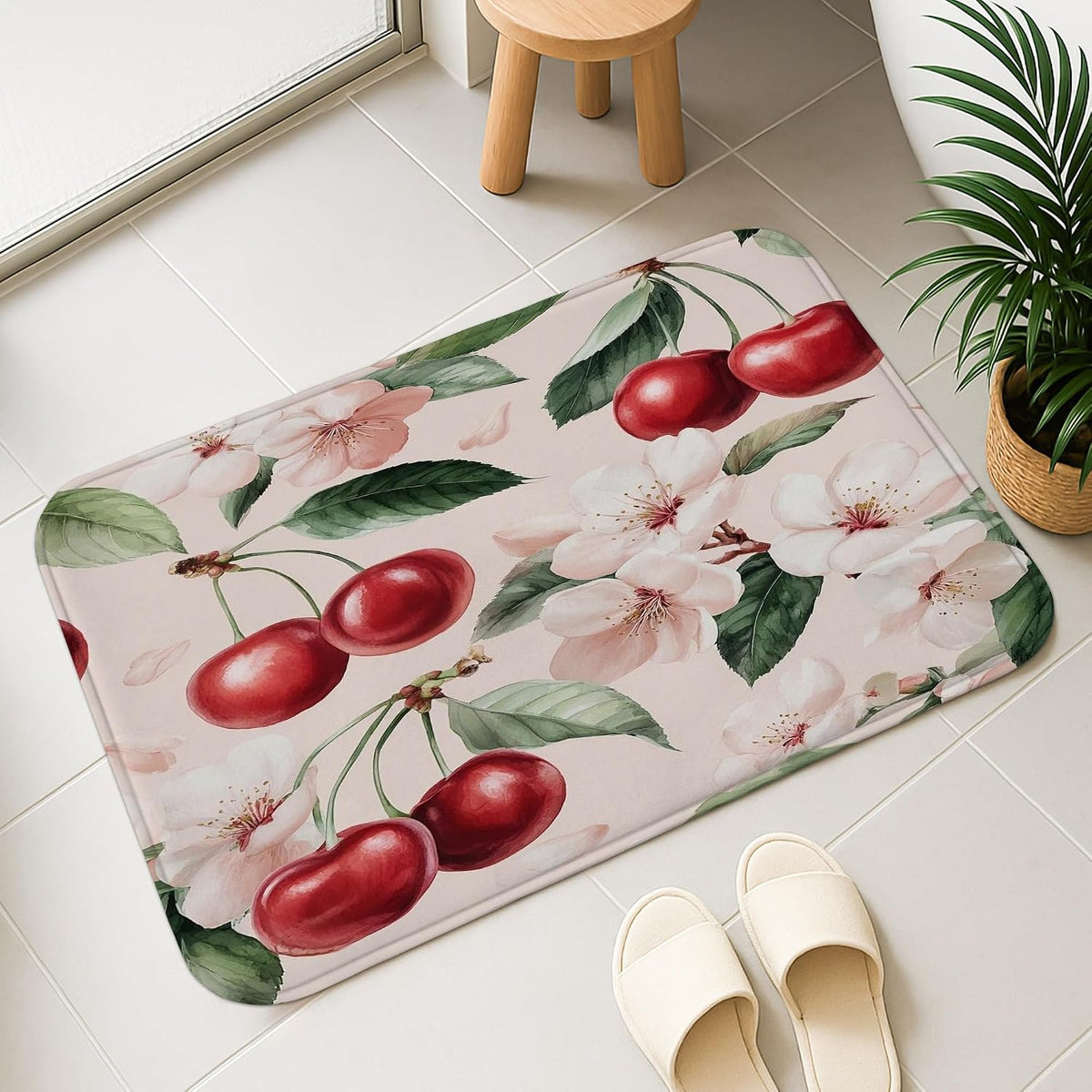 Cherries Blossom Floral Quick Dry Bath Mat, Elegant Peach Flowers Decorative Non Slip Shower Mat, Spring Memory Foam Washable Bath Rugs for Bathroom Toilet Restroom Decorative 20x32 Inch