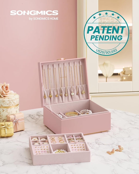 2-Layer Jewelry Box, Jewelry Organizer with Handle, Removable Jewelry Tray, Jewelry Storage, Floating Effect, 8.1 x 9.4 x 4.3 Inches, Gift Idea, Jelly Pink UJBC165R01