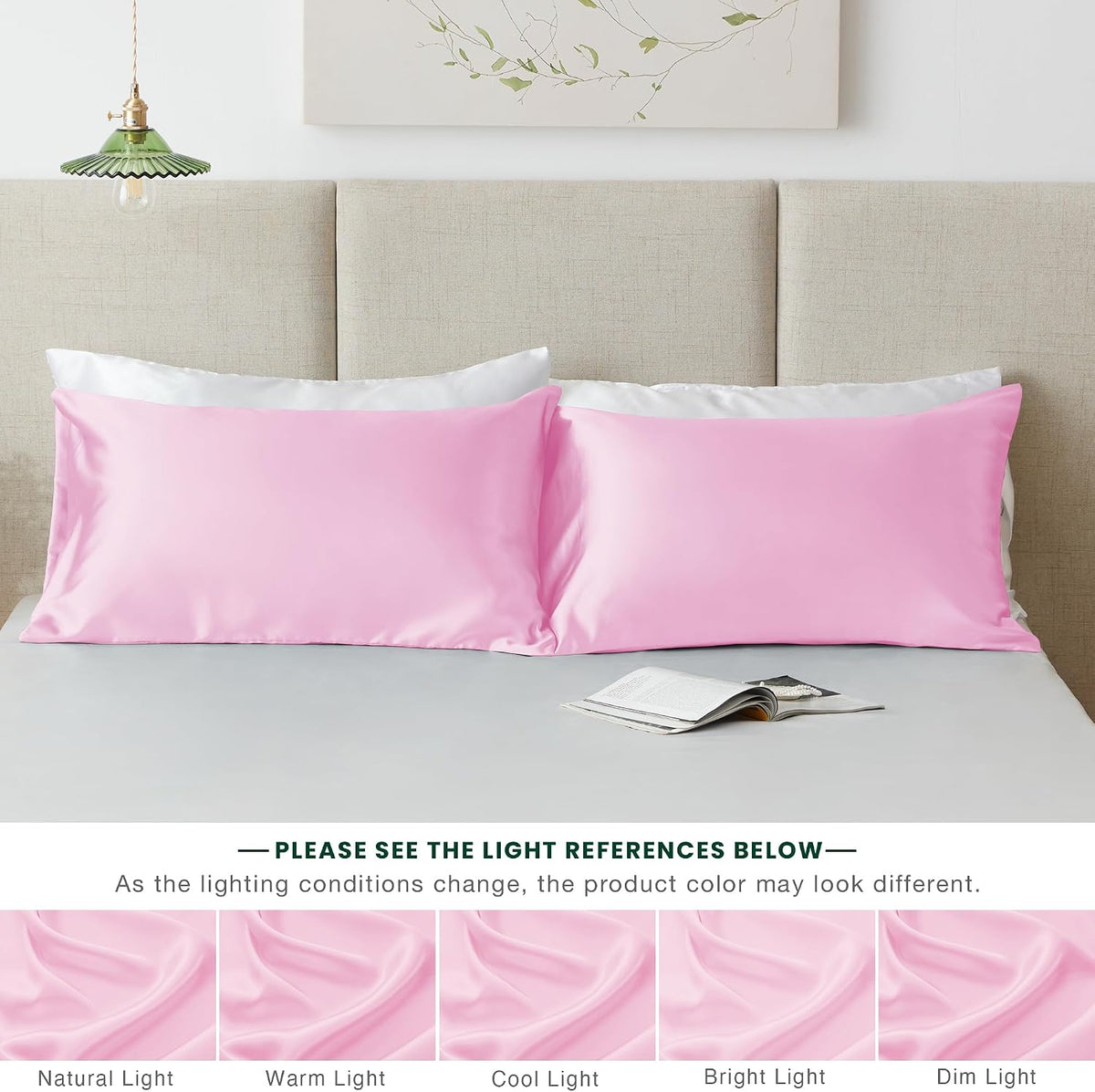 Satin Pillowcase Set of 2 Standard Size 20x26, Cooling Pillow Covers for Hair and Skin, Silky Smooth with Envelope Closure, Similar to Silk, Pink