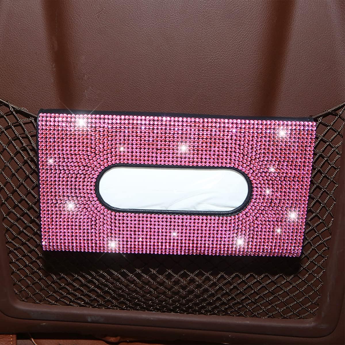 Bling Car Sun Visor Tissue Box Holder, Rhinestone PU Leather Crystal Sparkling Napkin Holder, Backseat Paper Towel Cover Case Car Accessories for Women (Pink)