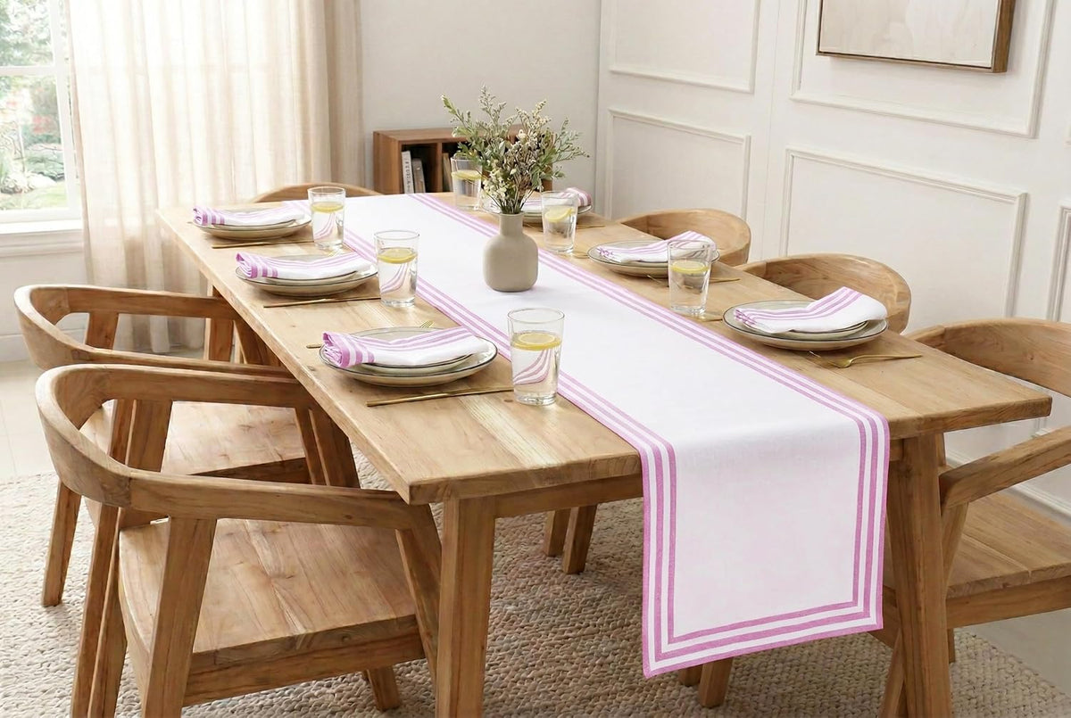 Edges Stripe Hemstitch Table Runner, 14x90 in - Blush Pink