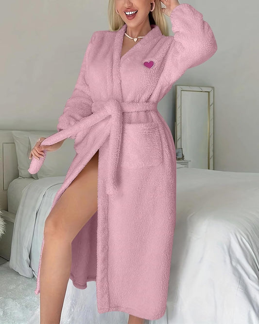 Women's Plush Fleece Robe Long Fluffy Bathrobe with Pink Heart Soft Spa Loungewear with Pocket