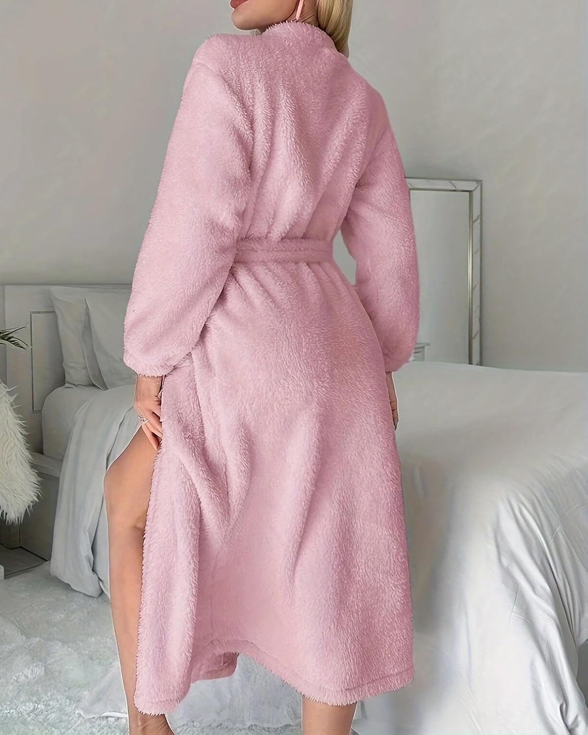 Women's Plush Fleece Robe Long Fluffy Bathrobe with Pink Heart Soft Spa Loungewear with Pocket