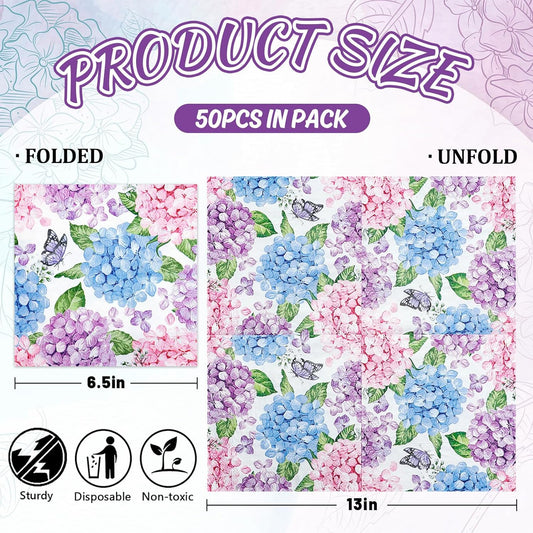 AnyDesign 50Pcs Hydrangea Luncheon Napkins Disposable Paper Napkin Watercolor Butterfly Floral Dessert Dinner Hand Napkin for Spring Summer Wedding Bridal Baby Shower Party Supplies