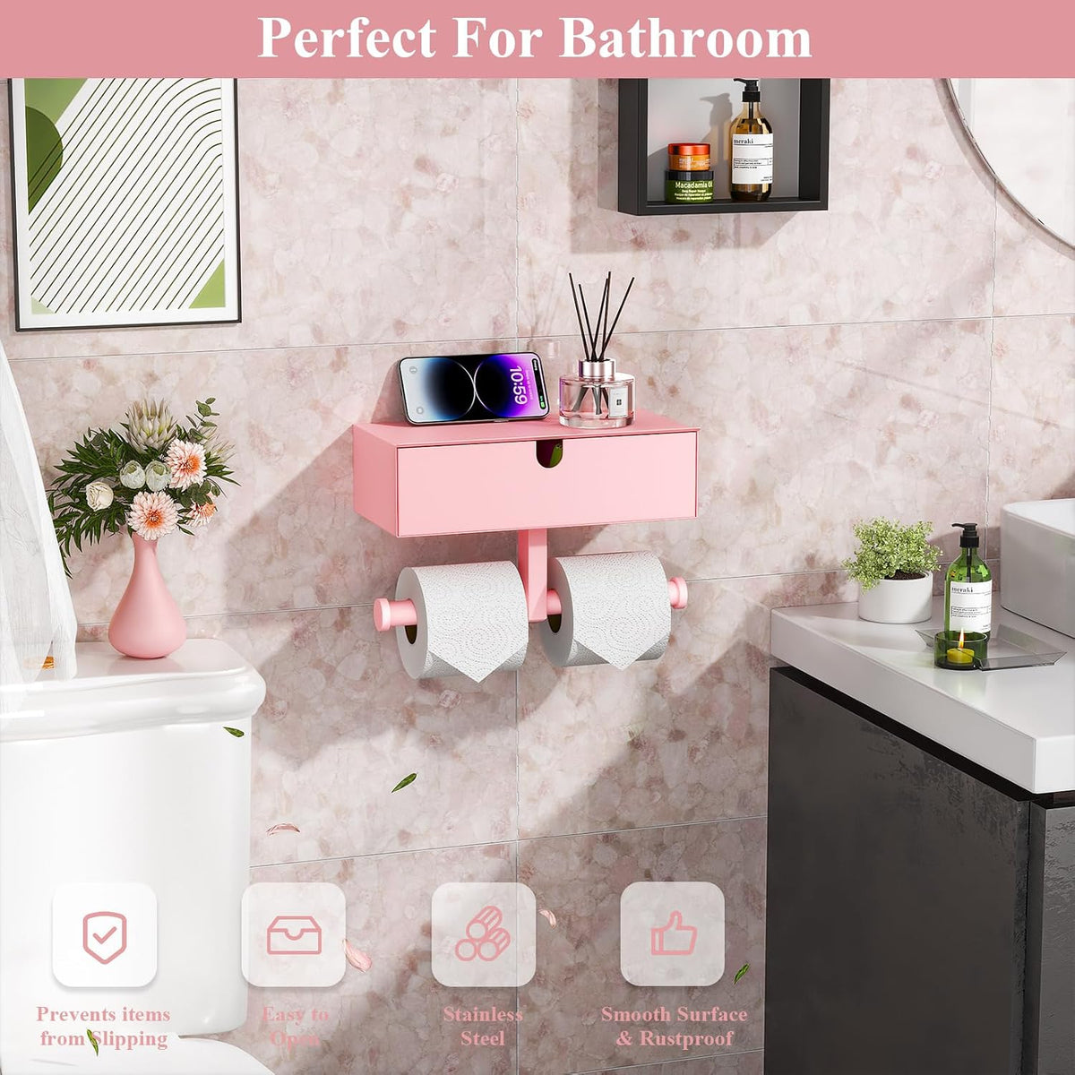 Toilet Paper Holder with Storage Double Roll Toilet Paper Holder with Shelf, Tampon Holder for Bathroom Stainless Steel Wall Mounted Wipes Holder Dispenser, Pink