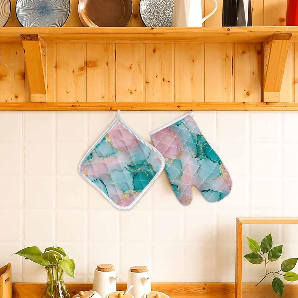 Quilted Cotton Terry Cloth Oven Mitt, Pot Holder Light Pink Green Marble 2-Pack Kitchen Set, Heat insulation, Silicone Grip, Gift Set