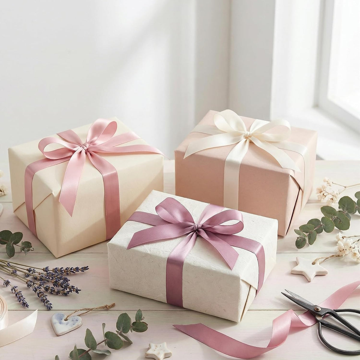 Dusty Rose Double Face Satin Ribbon 1 Inch x 45 Yards Champagne Pink/Rose Gold/Mauve Fabric Ribbon for Gift Wrapping, Flower Bouquets, Bows Making, Wedding Decor (3 Rolls *15Yd)