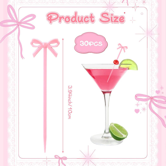 30 PCS Pink Bow Cocktail Picks, Acrylic Pink Cute Bow Skewers