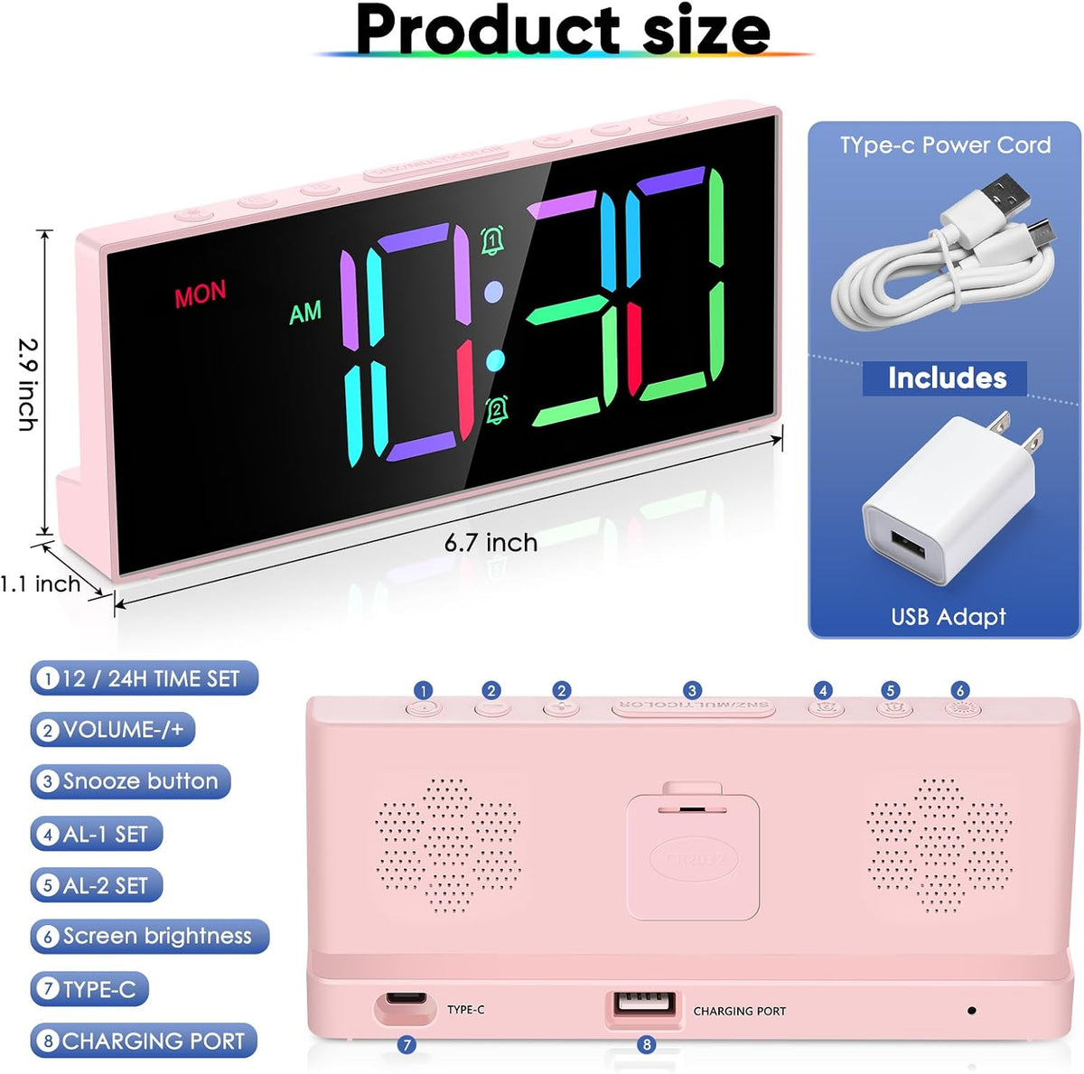 Digital Alarm Clocks,Large Big Numbers Cute clocks for Bedrooms,college dormitories,Teens,Modern Décor Plug in Clock with USB Charger Port Adjustable 3-Levels volume,5 Dimmers,Battery Backup (Pink)