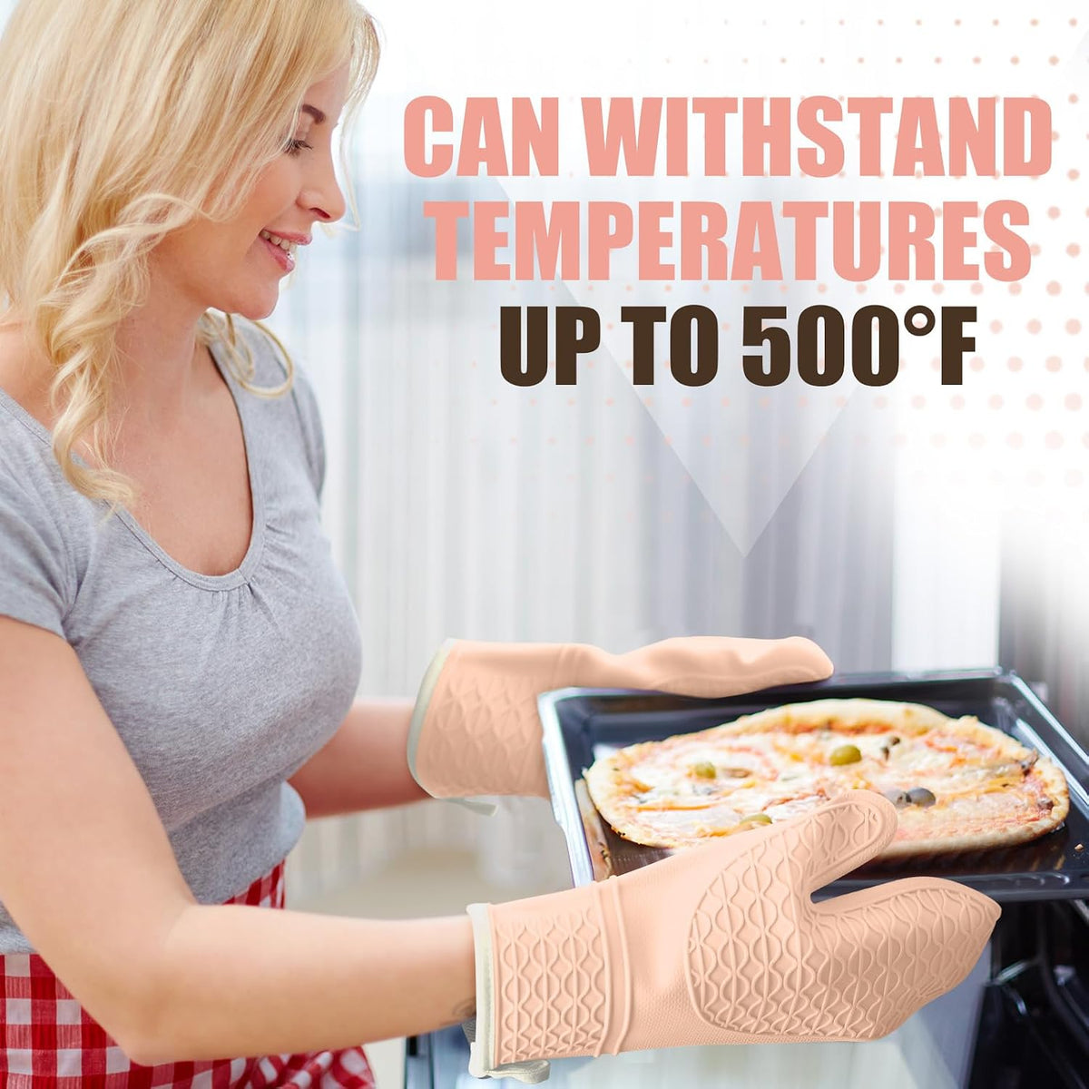 Silicone Oven Mitts, Heat Resistant 2PCS Oven Mitts with Soft Cotton Lining, Waterproof Non-Slip Grip Oven Glove, Kitchen Potholder Mits for BBQ, Baking, Cooking, 12.5 Inch - Pink