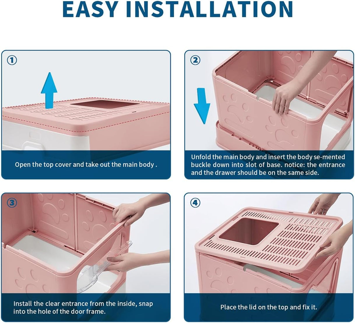 Cat Litter Box with Litter Mat and Scoop(Pink)
