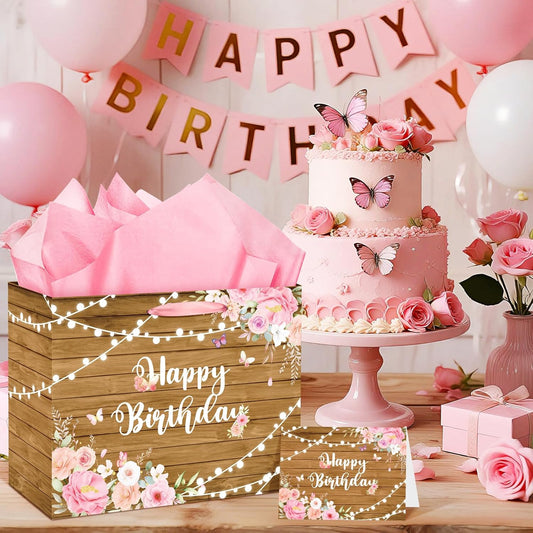 Pink Floral Happy Birthday Gift Bag for Women Spring Butterfly Wrapping Bag with Tissue Papers and Card Set Rustic Wooden Flower Wrap Gift Goodie Bags for Girls Birthday Anniversary Party Supplies
