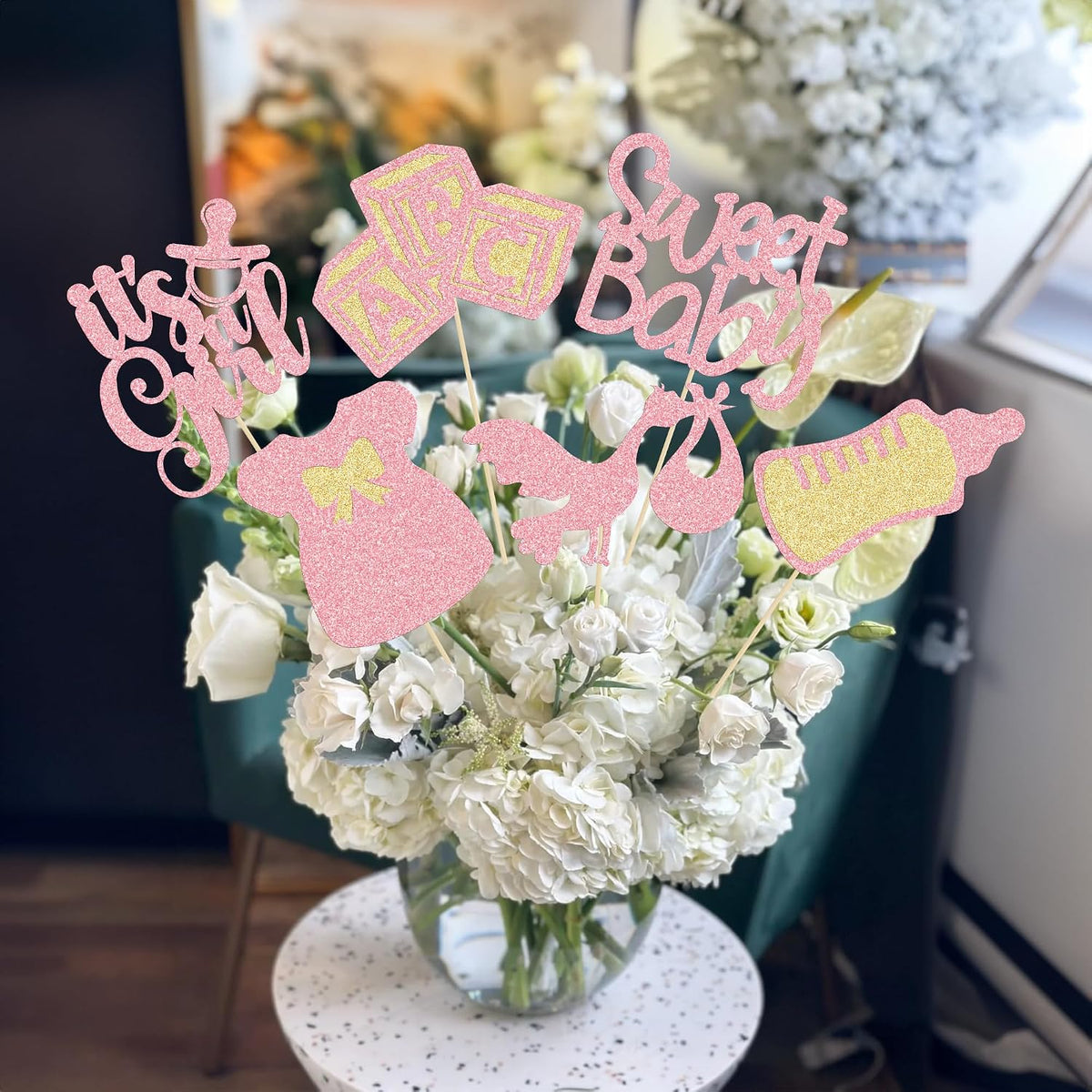 12Pcs Baby Shower Centerpiece Sticks Glitter Tie Onesie Oh Baby Gender Reveal It's a Girl Table Centerpiece Sticks for Baby Shower Gender Reveal Kids Birthday Party Supplies Pink