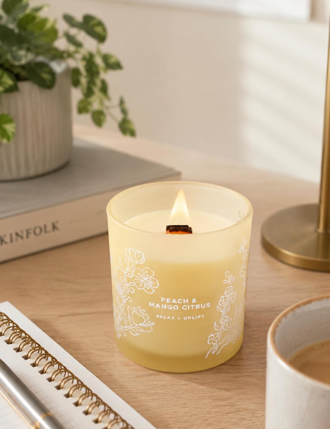 Peach Mango Citrus Scented Candle for Home, Fruity Wood Wick Jar Candle
