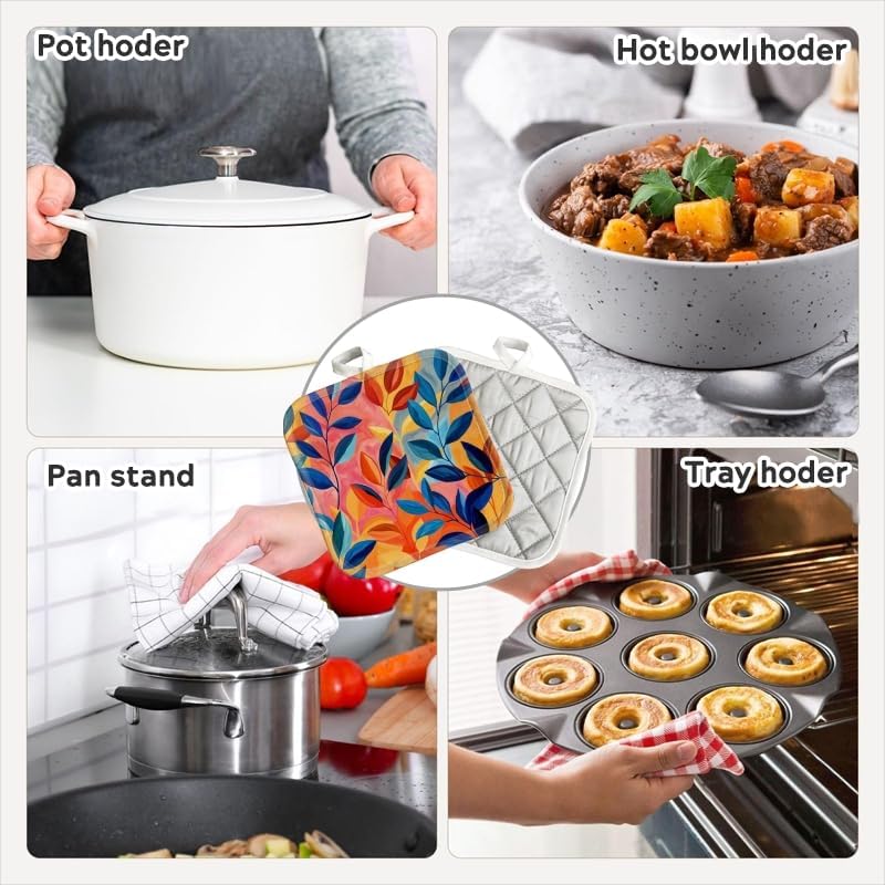 Pot Holder for Kitchen 4pcs,Abstract Leaves in Orange and Pink on Abstract Background Square Heat Resistant Hotpads Non Slip Dirt-Proof Kitchen Cook Oven Potholders Machine Washable,7x7in