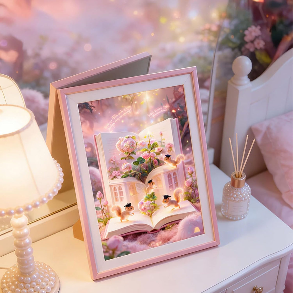 Full Drill Diamond Painting Kit, 12x16 Inch Pink Enchanted Open Book & Graduation Cap Squirrels Theme, DIY Fantasy Craft for Adults Teens, Whimsical Glowing Fairy-Tale Wall Decor