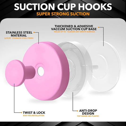 Shower Suction Cup Hooks, Strong Suction Power, Towel Hooks for Shower Glass Door, Bathroom, Kitchen, Mirrors, Tiles, Holds up to 11 lbs, Ideal for Towels, Bath Robes, Coats (Pink)