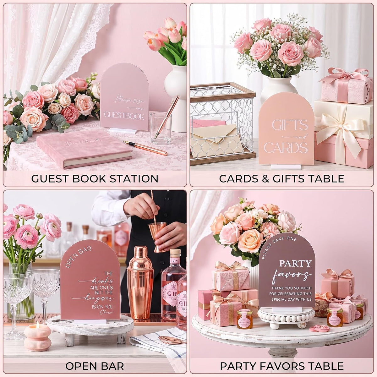 4 Pcs Dusty Pink Acrylic Wedding Signs for Ceremony Reception