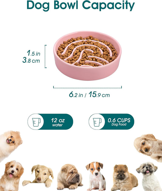 Slow Feeder Dog Bowl, 0.6 Cup Ceramic Slow Feeding Food Dish for Small Breed, Puzzle Dog Food Bowl for Fast Eater, Pink