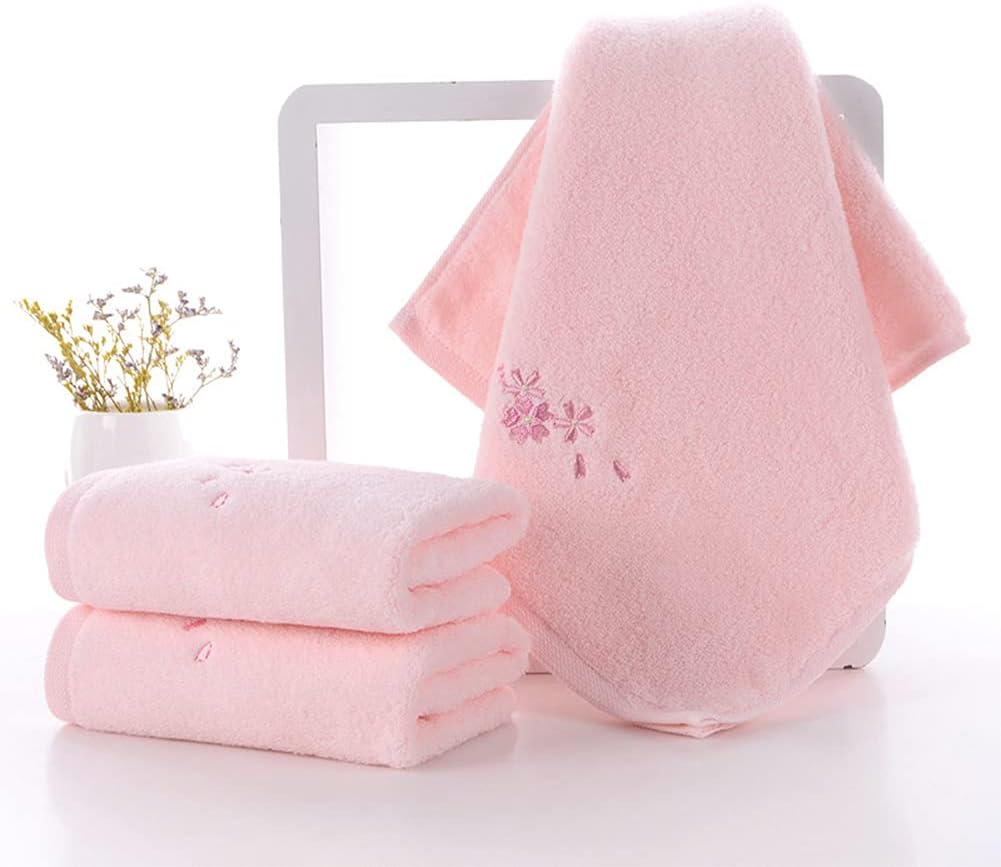 Hand Towel Set of 3 Embroidered Floral Pattern 100% Cotton Soft Absorbent Decorative Towel for Bathroom (Pink)
