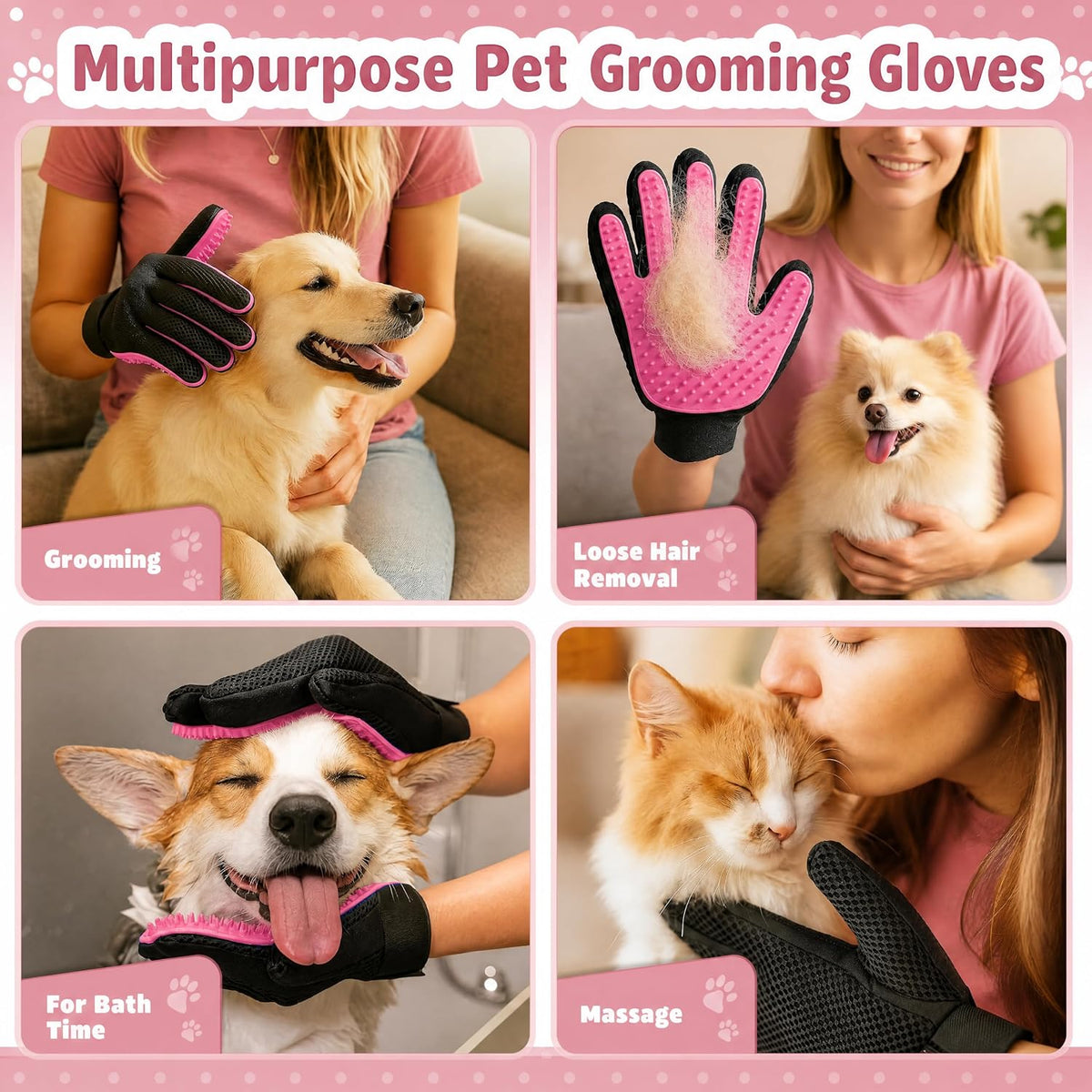 Pet Dog Cat Grooming Glove with 261Tips,Gentle Deshedding Brush Glove,Efficient Pet Hair Remover Mitt,Massage Tool with Enhanced Five Finger Design,for Dog,Cat,Rabbit,Horse with Long/Short Fur