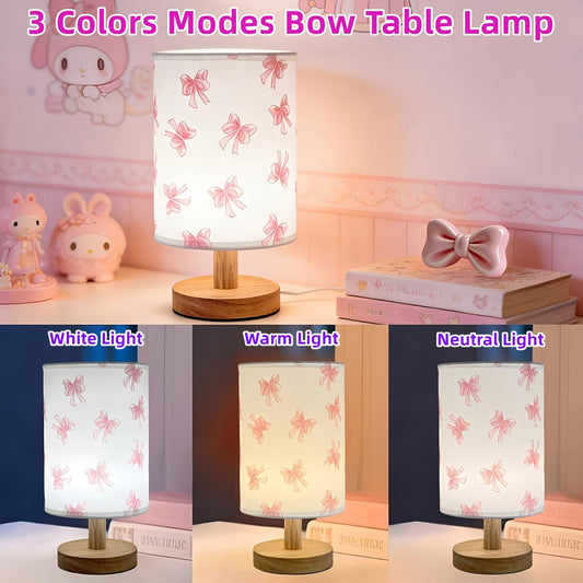 Pink Bow Bedside Table Lamp for Bedroom,Kids Room Decorative Lights 3 Colors Dimmable Nightstand Night Light with Flaxen Fabric Shade Desk Lamp for Girls Boys Birthday Gifts for Home Living room Decor