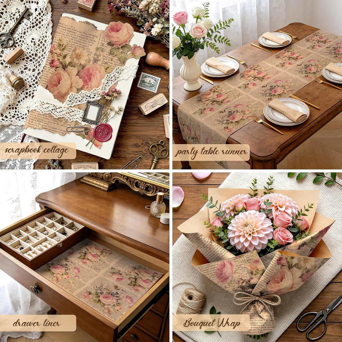 Kraft Vintage Floral Wrapping Paper - Mini Roll - 17 Inch x 16.5 Feet - Pink Retro Rose Flower Letter Print Newspaper Kraft Wrapping Paper for Birthday, Wedding, Bridal Shower, Anniversary