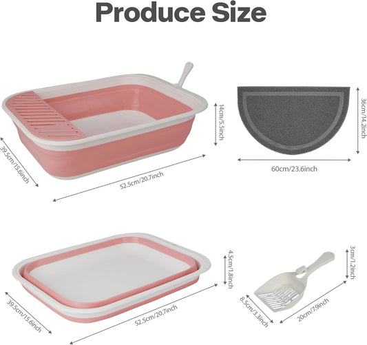 Foldable Cat Litter Box, 20.9"x15.6"x5.5" Large Collapsible Travel Litter Pan with Low Entry for Kittens, Adult & Senior Cats, Anti-Splash Box with Scoop, Teaser Wand and Mat, Pink
