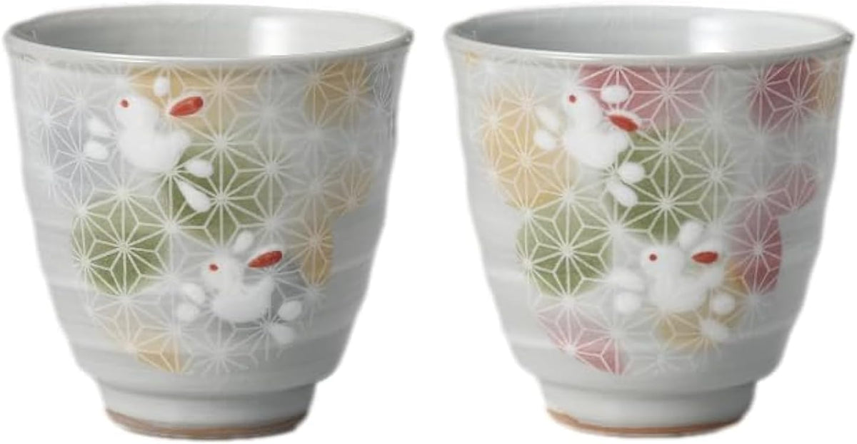 Japanese Mino Ware Ceramic Yunomi Tea Cups Set, H3 x 3.15 Inches in diameter, 6.4 Fluid Ounces, Rabbits Pattern, Pink and Brown, Set of 2 T385178 188