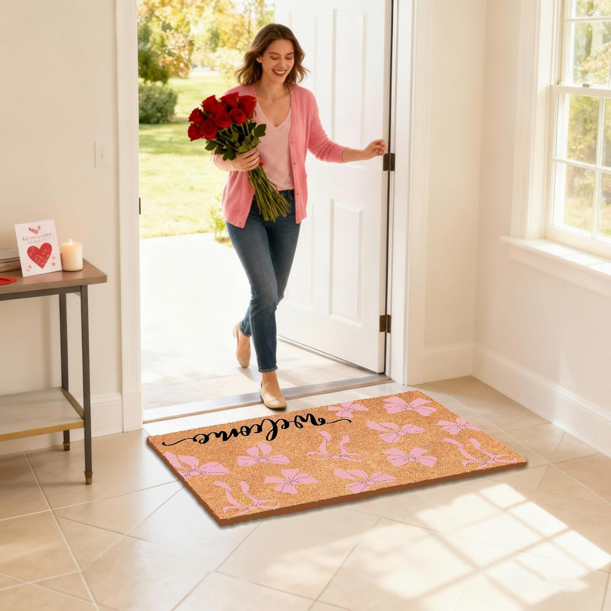 Pink Bow Nature Coir Doormat 17x29 Inch Bow Welcome Rugs Spring Coir Kitchen Mats Decorative Front Porch Rug Non Slip Entrance Door Mat for Spring Home Decoration Supplies