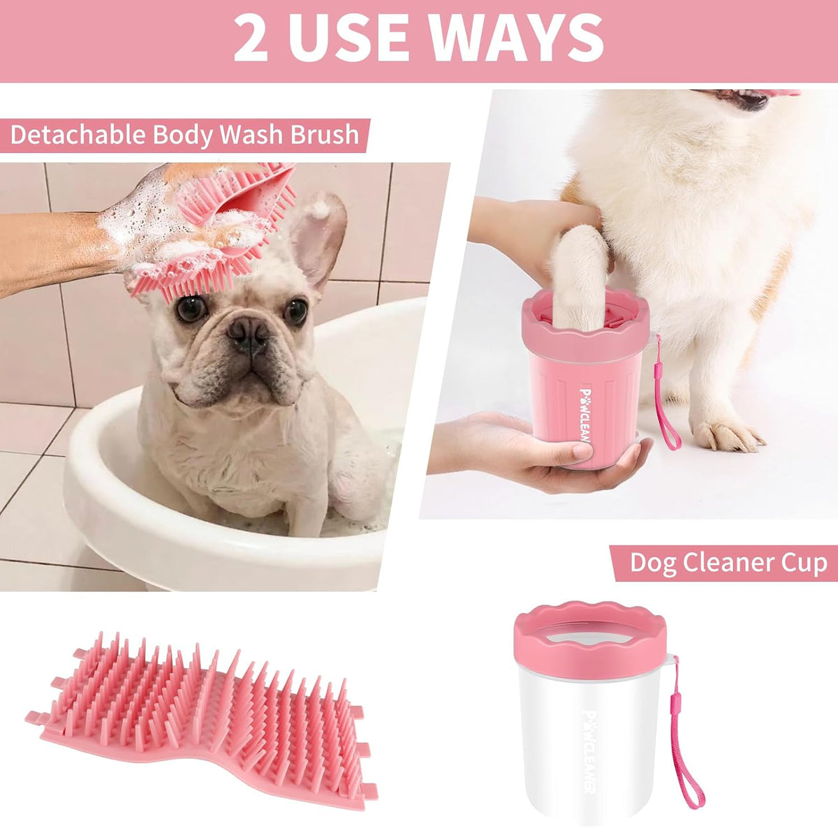 Professional 7 in 1 Dog Paw Cleaner for Dogs & Cats - Includes 1 Portable Paw Washer, 1 Bath Brush, 2 Dog Toothbrushes and 3 Absorbent Towels Note: Fits Paws up to 2 Inches Wide (Small, Light Pink)