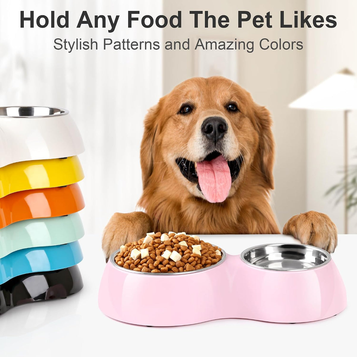 Double Dog Bowls Set – Non-Slip Pet Food & Water Dishes with Resin Stand, Includes Small (1 Cup) & Medium (2 Cups) Bowls – Ideal for Puppies and Cats– Pink