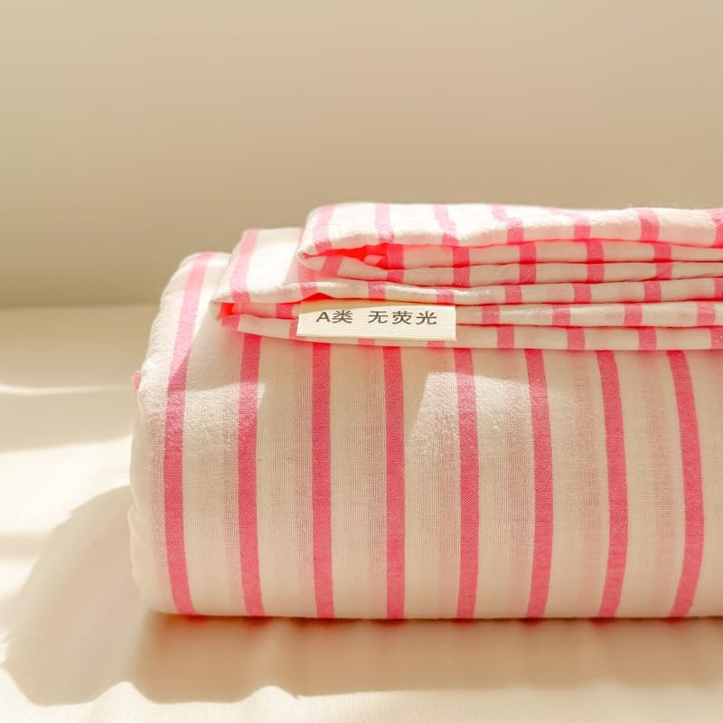 Pink Striped Sheets Queen Bedding Set Flat Sheet and Pillowcases Soft Cozy