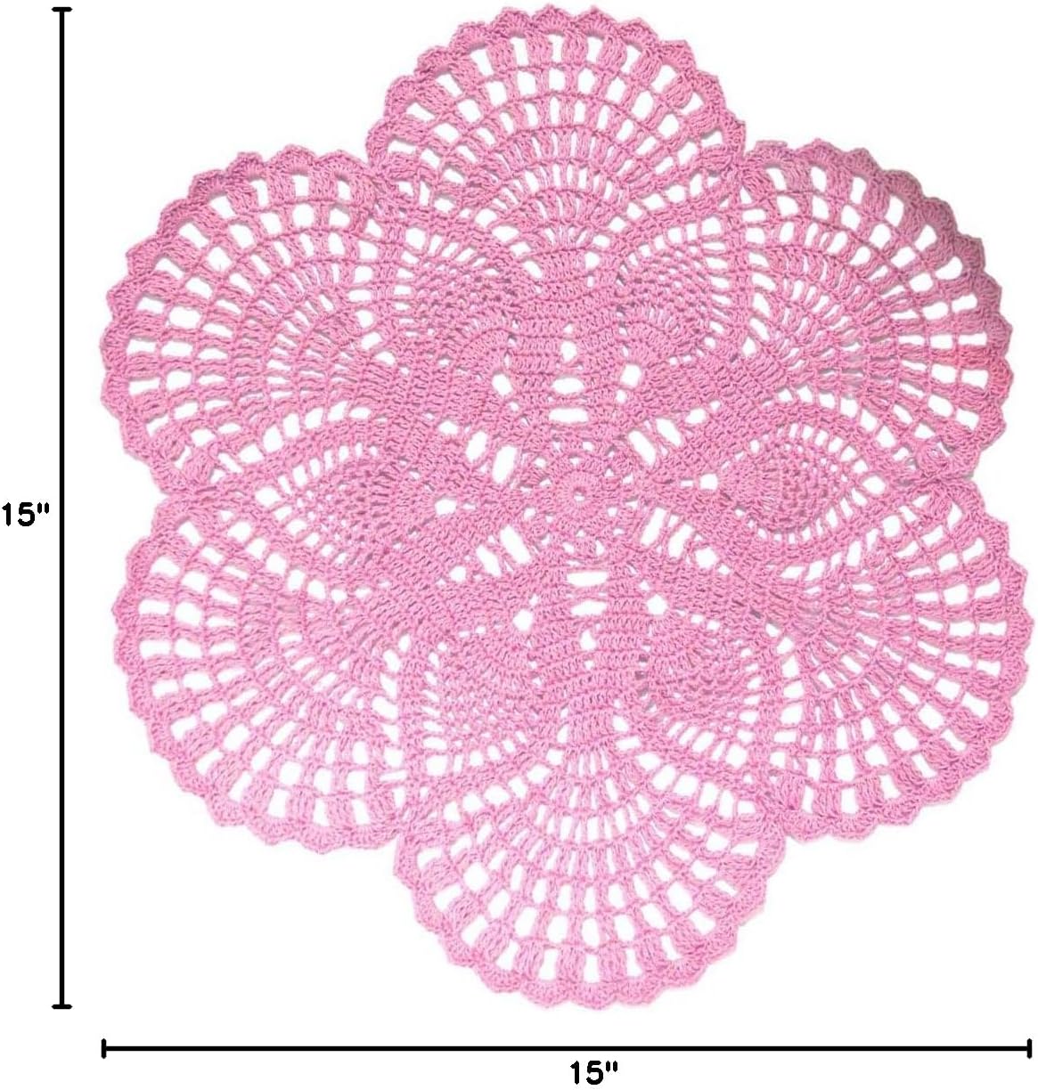 Handmade Crochet Lace Doily 15.5 inches to 17.5 inches Round 6 Petals Flower Placemats Coasters Vintage Doilies Vase Cup Mats (1, Pink)