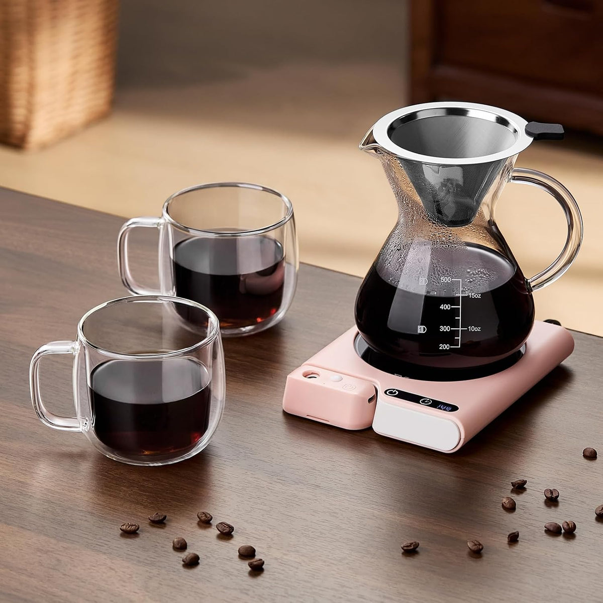 Coffee Mug Warmer with Auto Shut Off, 3 Temperature Settings with Air humidifier Water Mist Sprayer, Electric Beverage Heater with Borosilicate Glass Panel, 54-Inch Cord, Fits Mugs, Teapots (Pink)