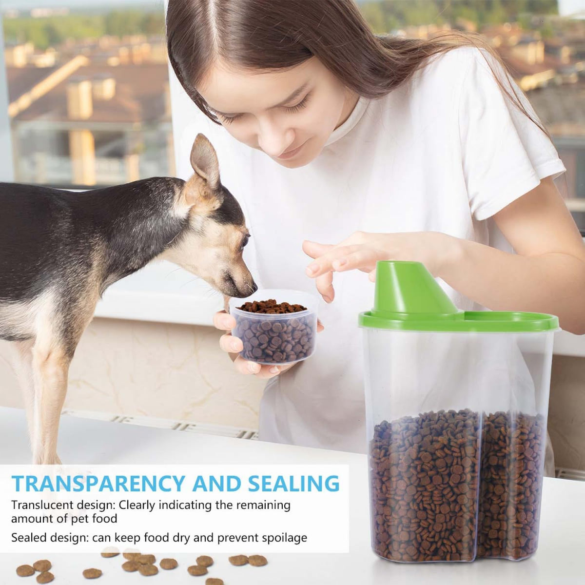 Pet Food Storage Container 2lb 2.5L Translucent Cat Dog Food Storage Container Dispenser with Measuring Cup Pour Spout Sealed Cover for Pets (Pink 1pcs)
