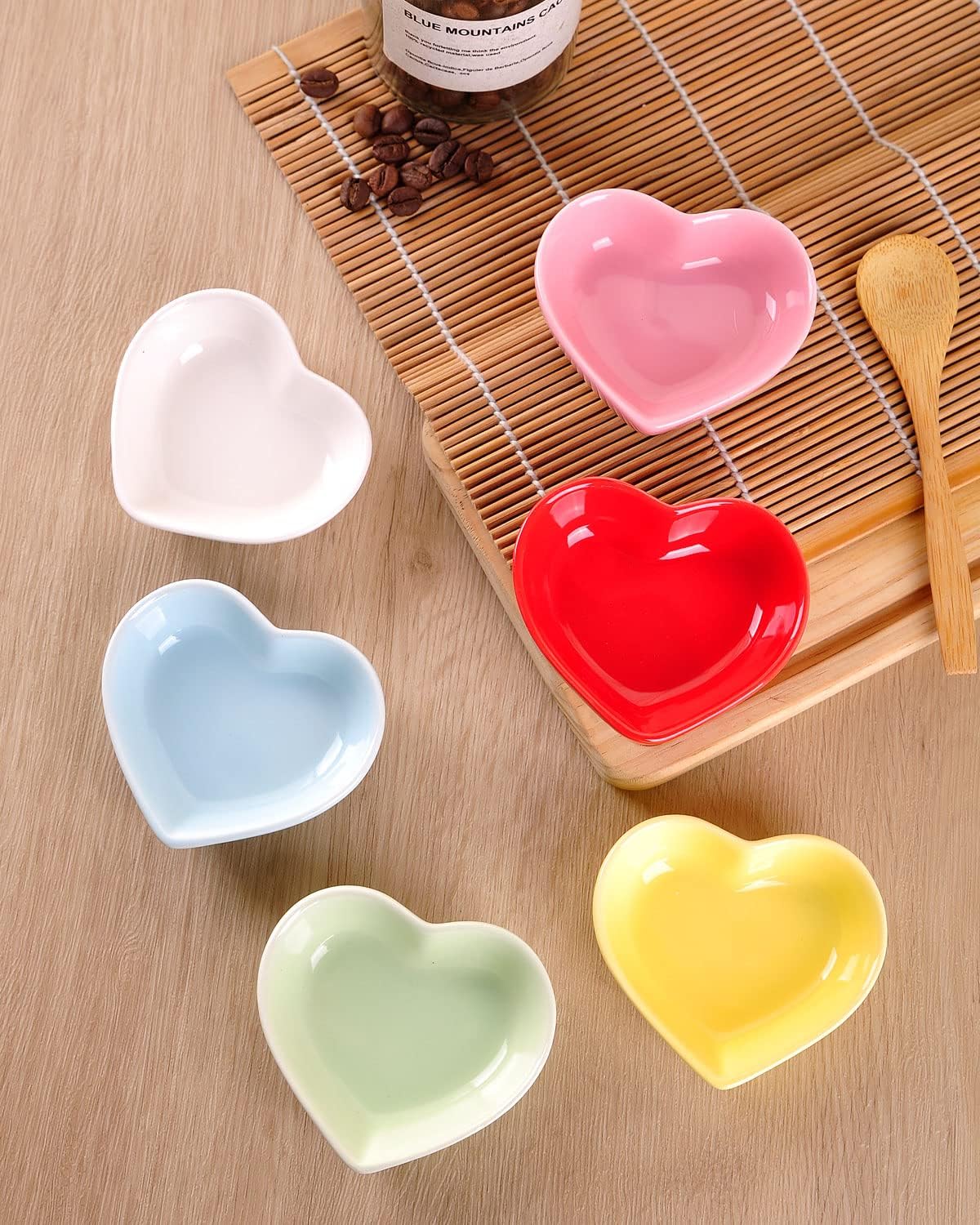 Pink Love Heart Shaped Ceramic Bowl Set of 6, Contemporary Porcelain Side Dishes, Seasoning & Soy Dipping Sauce Bowls for Wedding & Birthday Party