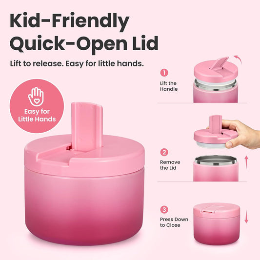 12oz Insulated Vacuum Food Jar with Buckle Lid Wide Mouth Soup Thermo for Hot Food Kids Leakproof Stainless Steel Lunch Container (Gradient Pink, 12OZ)