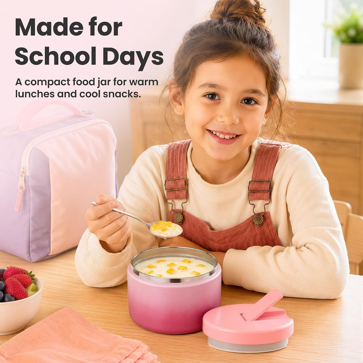 12oz Insulated Vacuum Food Jar with Buckle Lid Wide Mouth Soup Thermo for Hot Food Kids Leakproof Stainless Steel Lunch Container (Gradient Pink, 12OZ)