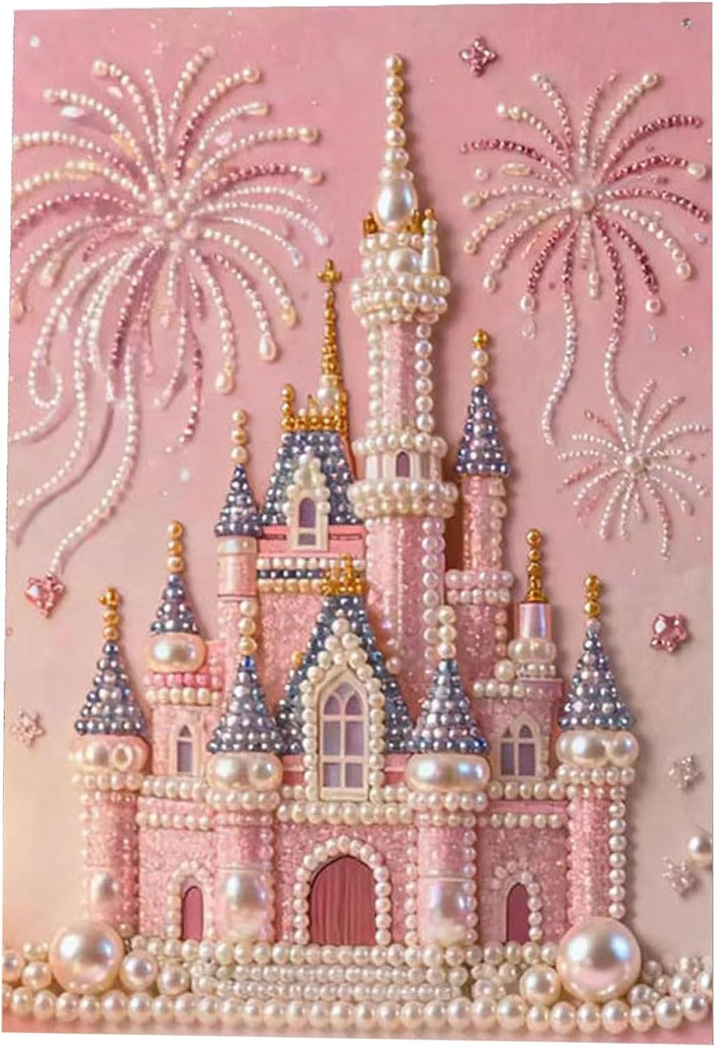 DIY 3D Pearl Painting Kit for Beginners Adults, Plastic Bead Art Kits with Gemstone Beads, Ocean & Castle Design Canvas for Wall Decor, Creative Stress Relief Gift & Home Decoration (Pink Castle)