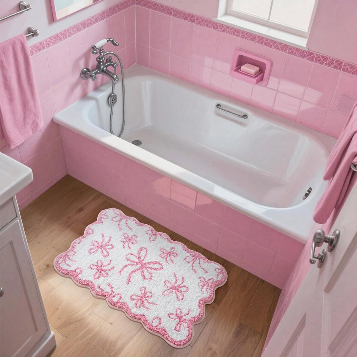 Pink Bow Bathroom Rug 20x32 Inch, Soft and Absorbent Tufted Coquette Scalloped Bath Mat Non Slip Washable, Cute Bow Decor for Bathroom Bedroom