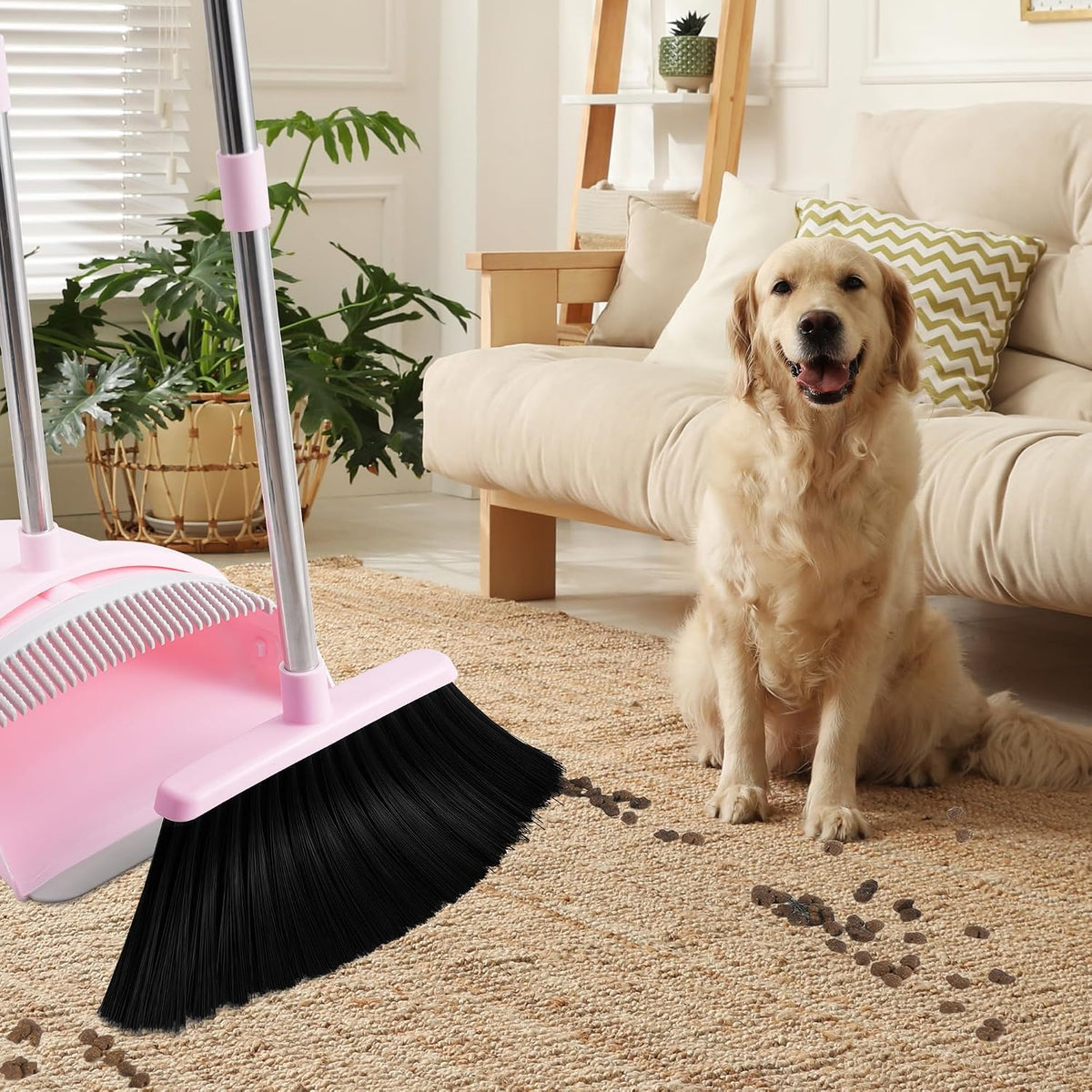 Pink Broom and Dustpan Set for Home, 52-in Long Handle Broom with Dustpan Combo with Dustpan Teeth Easy to Scrape Off Pet Hair, Indoor&Outdoor Sweeping(Pink)