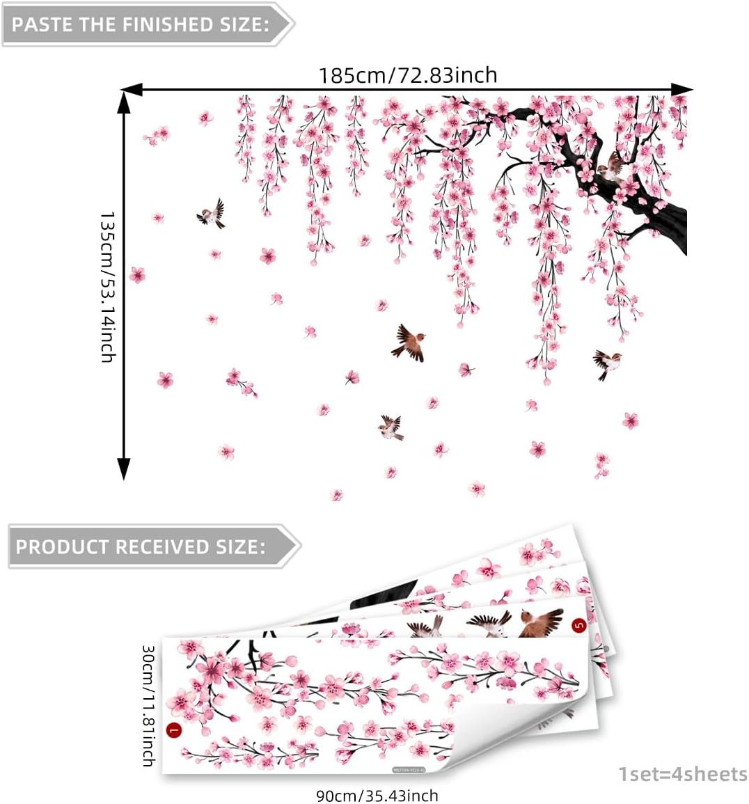 Large Cherry Blossom Tree Wall Decals Peel and Stick Pink Floral Wall Art Stickers for Living Room Bedroom Nursery Flower Decor
