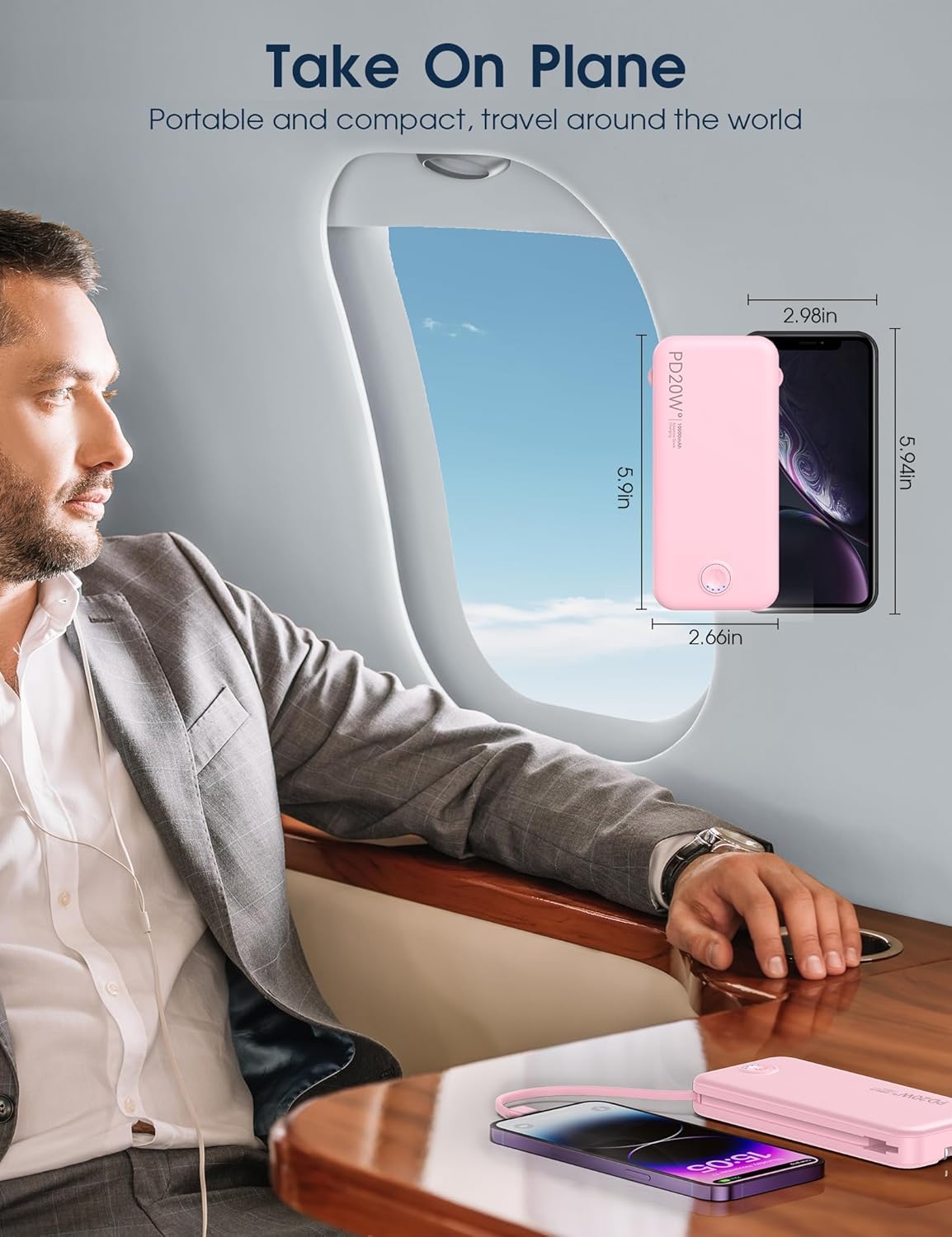 Portable Charger 10000mAh Fast Charging w/Built-in Wall Plug Pink