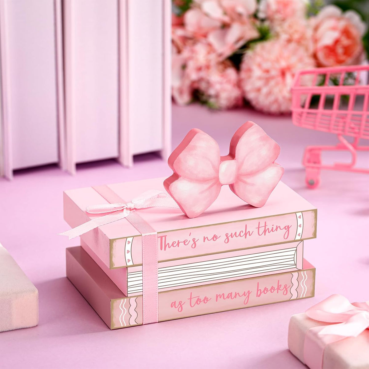 Pink Bow Coquette Mini Bathroom Room Sign Decor Wooden Bedroom Shelf Decor Mini Preppy Farmhouse Tiered Tray Ornament Reversible Book Rome Shelf Signs for Toilet Home Wall