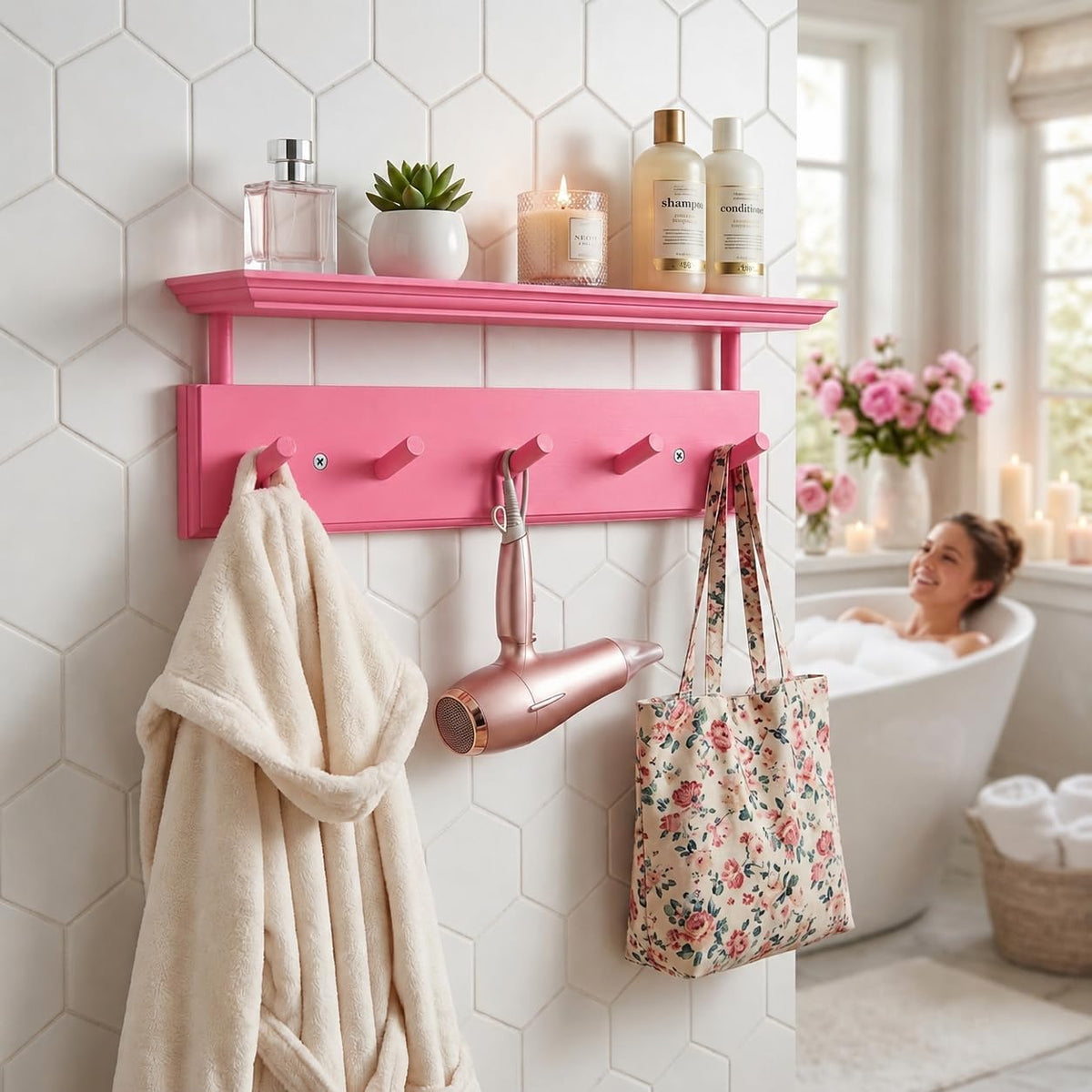 Matías Coat Rack Wall Mount with Shelf, 18 Inch Solid Wood Peg Rail, Wall Mounted Coat Rack with 5 Hooks, Wall Mount Shelf for Entryway, Bathroom or Bedroom (Pink)