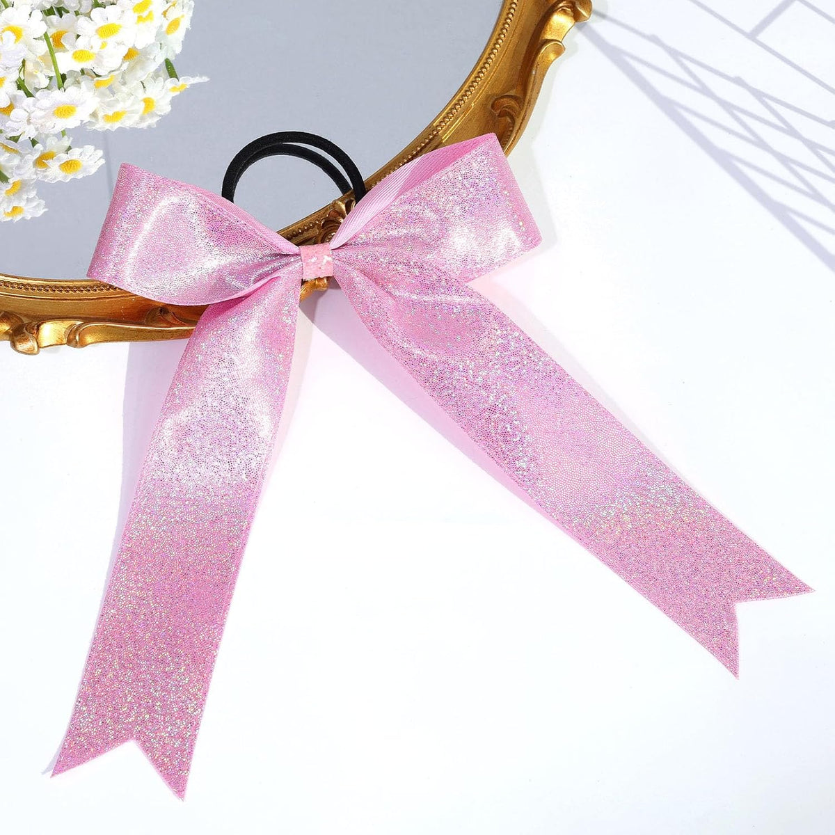 12PCS Glitter Cheer Bows for Cheerleader, Pink Long Tail Cheer Hair Bows Ponytail Holder for Cheering Girls Softball Sports (Pink)