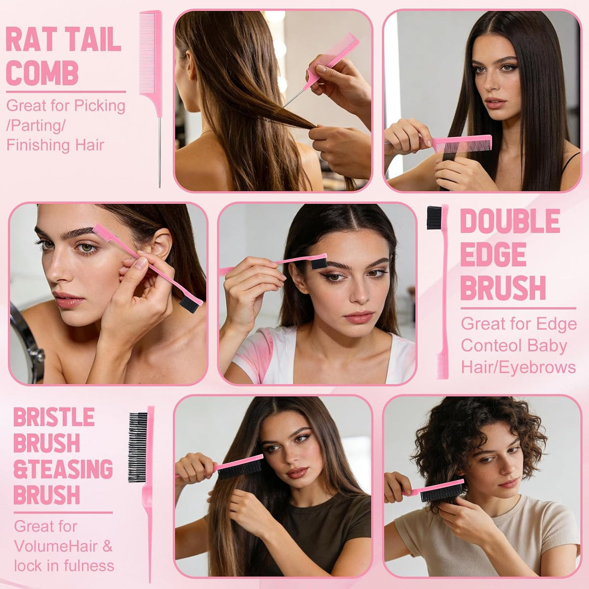 16 Pcs Pink Hair Brush Set for Women Girls - Scalp Scrubber with Handle, Detangle Hair Brush, Spray Bottle, Edge Bristles Wide Tooth Brushes Rat Tail Comb for Travel Home Use Hair Stuff